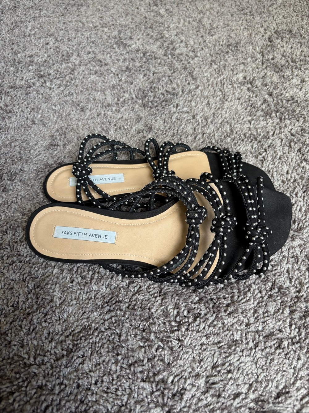 Saks Fifth Avenue Black Knotted Silver Beaded Slide Sandals
